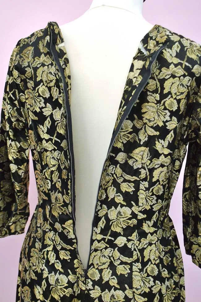 1960s Vintage Black & Gold Satin Brocade Wiggle Cocktail Dress