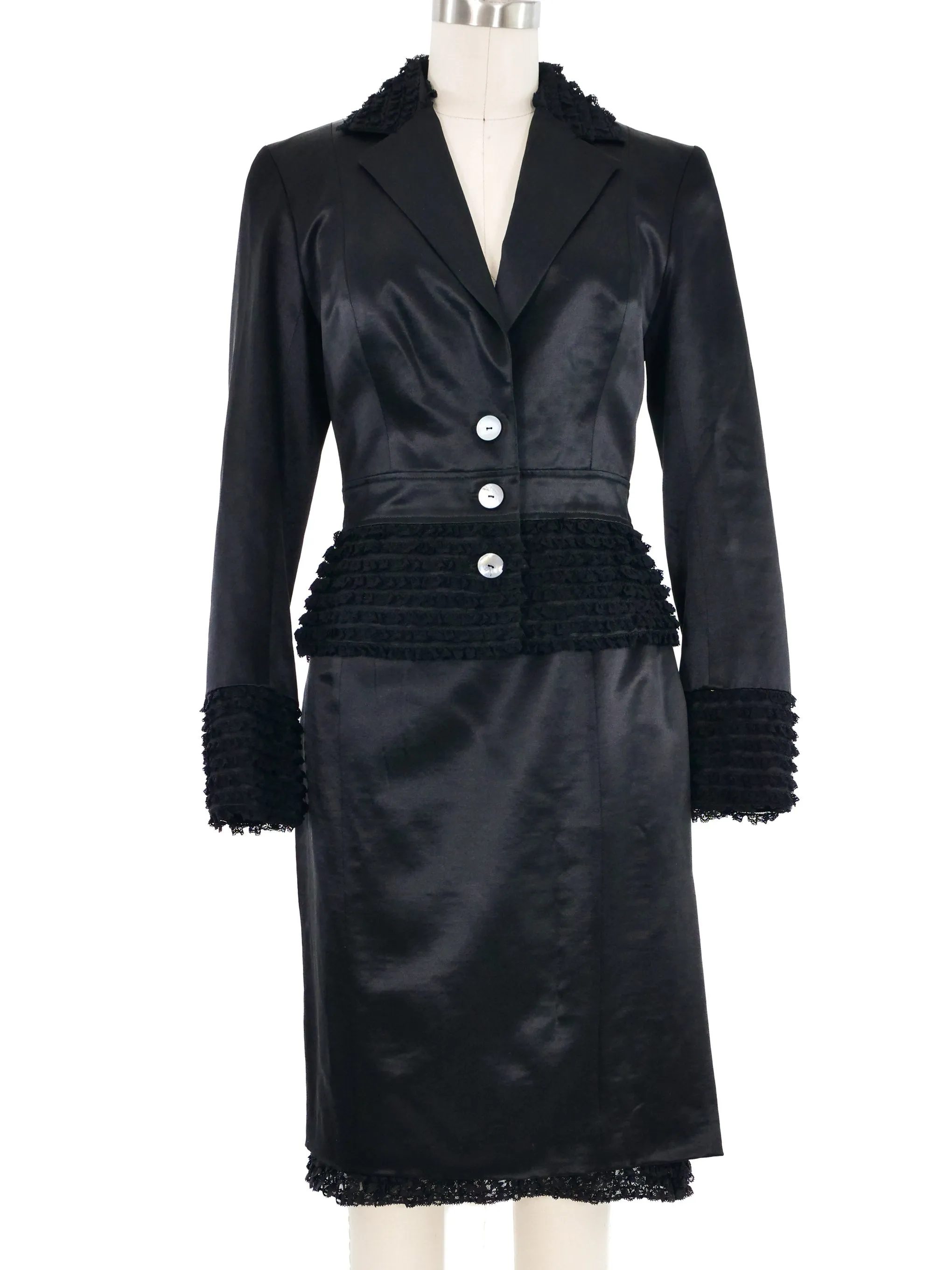 2001 John Galliano Ruffle Trimmed Satin Skirt Suit