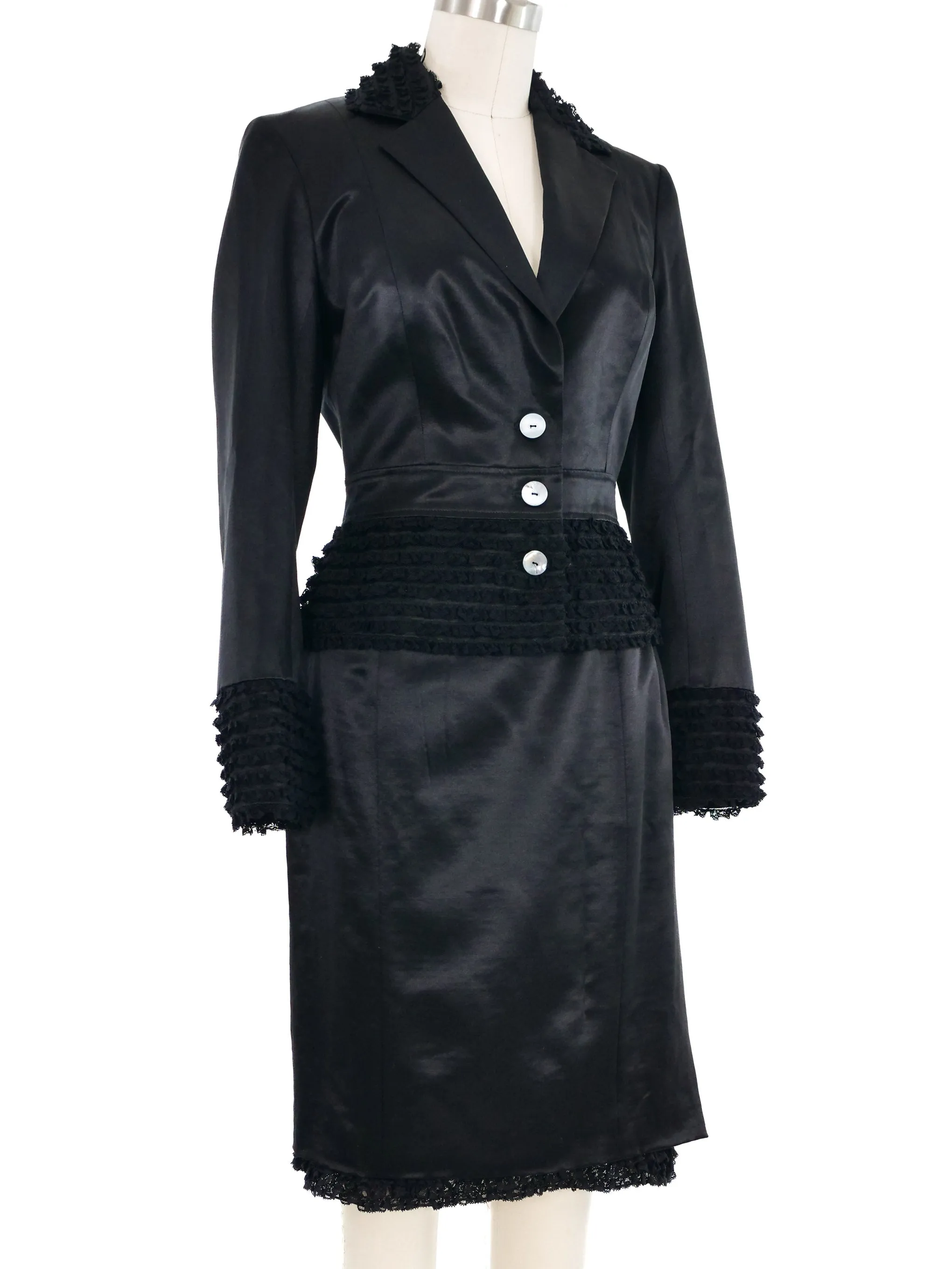 2001 John Galliano Ruffle Trimmed Satin Skirt Suit