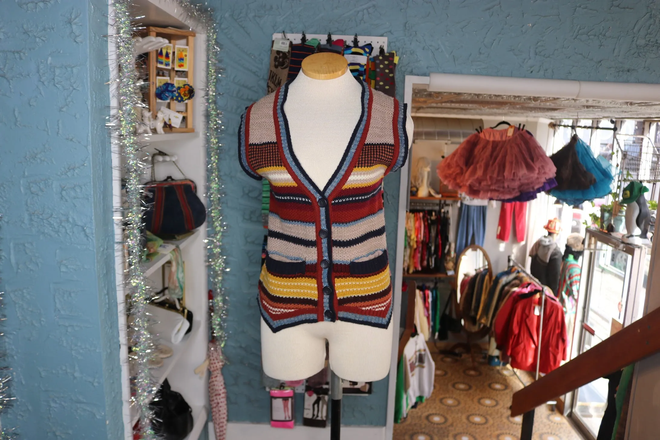 70s CollAgeDress Orng/Navy Turtleneck/Vest Set     M