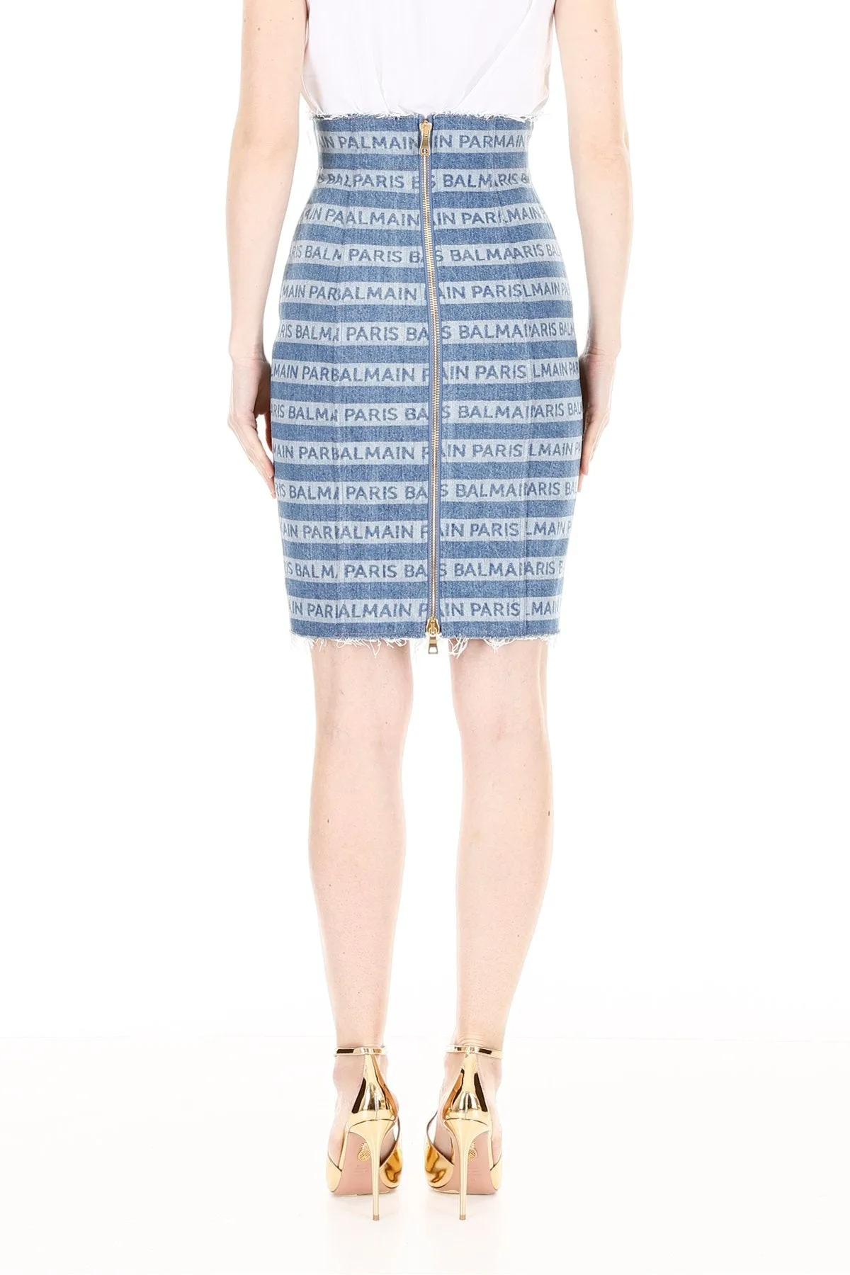 Balmain Striped Logo Printed Pencil Skirt