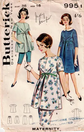 Butterick 9951 Classic Maternity Ensemble 1960s Vintage Sewing Pattern Size 16 Bust 36 inches