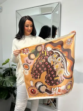 Camel Multi Pattern Silk Blend Scarf