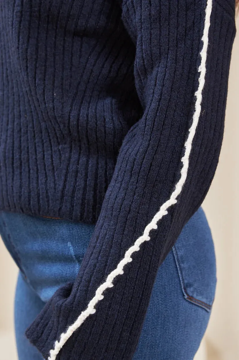 Crochet Detailed Turtleneck Sweater Navy Blue