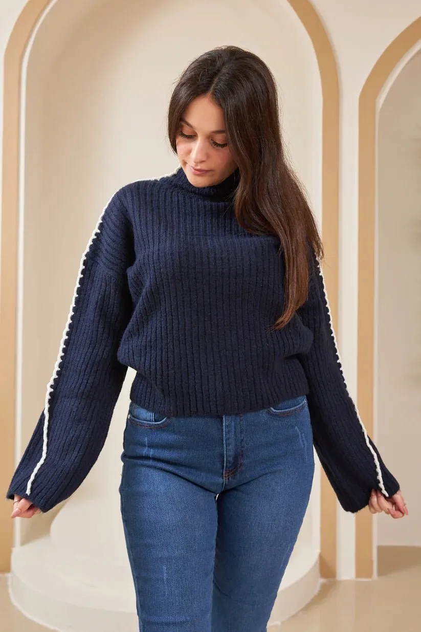 Crochet Detailed Turtleneck Sweater Navy Blue