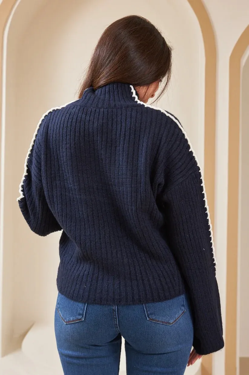 Crochet Detailed Turtleneck Sweater Navy Blue