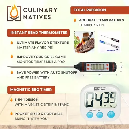 CULINARY NATIVES - Smoker Accessories Set - Grilling Oven Gloves, BBQ Claws, Meat Thermometer, Timer and Silicone Brush BBQ Set for Cooking Barbecue & Baking - Grill Smoker Accessories & Tools (Black)