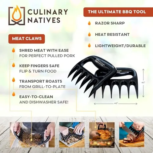 CULINARY NATIVES - Smoker Accessories Set - Grilling Oven Gloves, BBQ Claws, Meat Thermometer, Timer and Silicone Brush BBQ Set for Cooking Barbecue & Baking - Grill Smoker Accessories & Tools (Black)