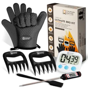 CULINARY NATIVES - Smoker Accessories Set - Grilling Oven Gloves, BBQ Claws, Meat Thermometer, Timer and Silicone Brush BBQ Set for Cooking Barbecue & Baking - Grill Smoker Accessories & Tools (Black)