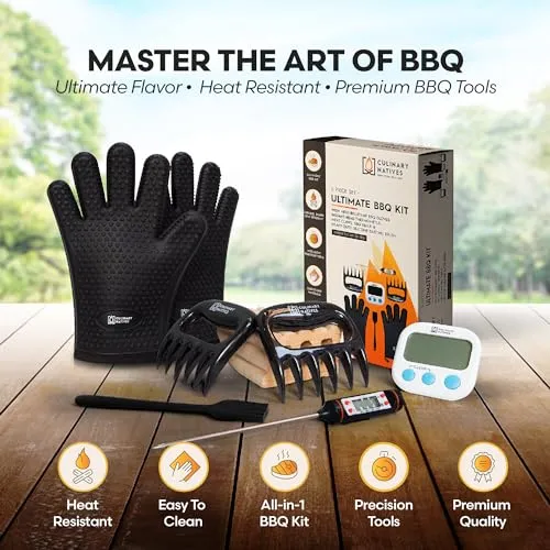 CULINARY NATIVES - Smoker Accessories Set - Grilling Oven Gloves, BBQ Claws, Meat Thermometer, Timer and Silicone Brush BBQ Set for Cooking Barbecue & Baking - Grill Smoker Accessories & Tools (Black)