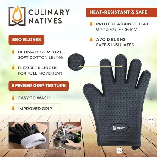 CULINARY NATIVES - Smoker Accessories Set - Grilling Oven Gloves, BBQ Claws, Meat Thermometer, Timer and Silicone Brush BBQ Set for Cooking Barbecue & Baking - Grill Smoker Accessories & Tools (Black)
