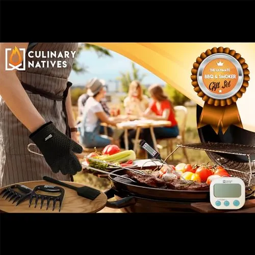 CULINARY NATIVES - Smoker Accessories Set - Grilling Oven Gloves, BBQ Claws, Meat Thermometer, Timer and Silicone Brush BBQ Set for Cooking Barbecue & Baking - Grill Smoker Accessories & Tools (Black)