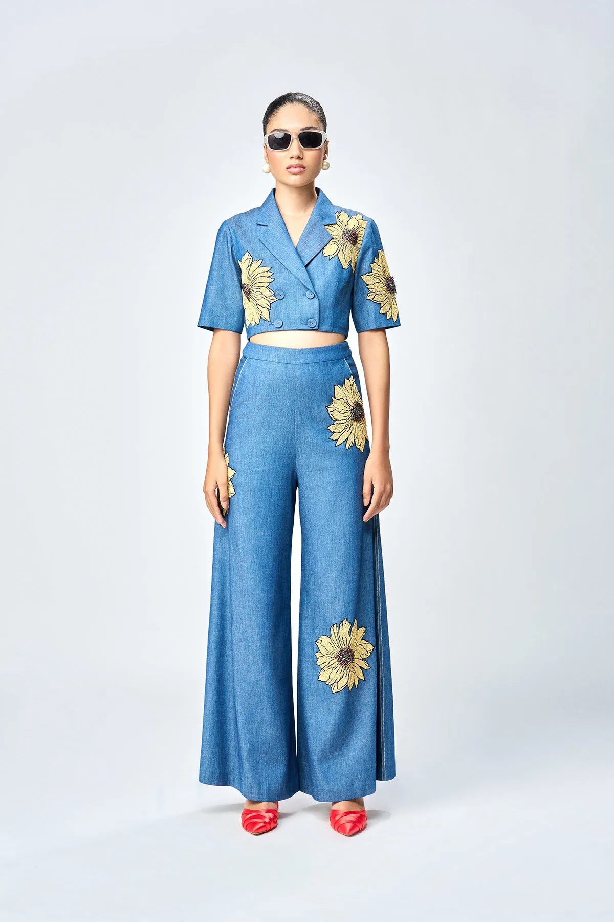 DAISY DOUBLE BREAST TOP WITH FULL FLARED PANTS
