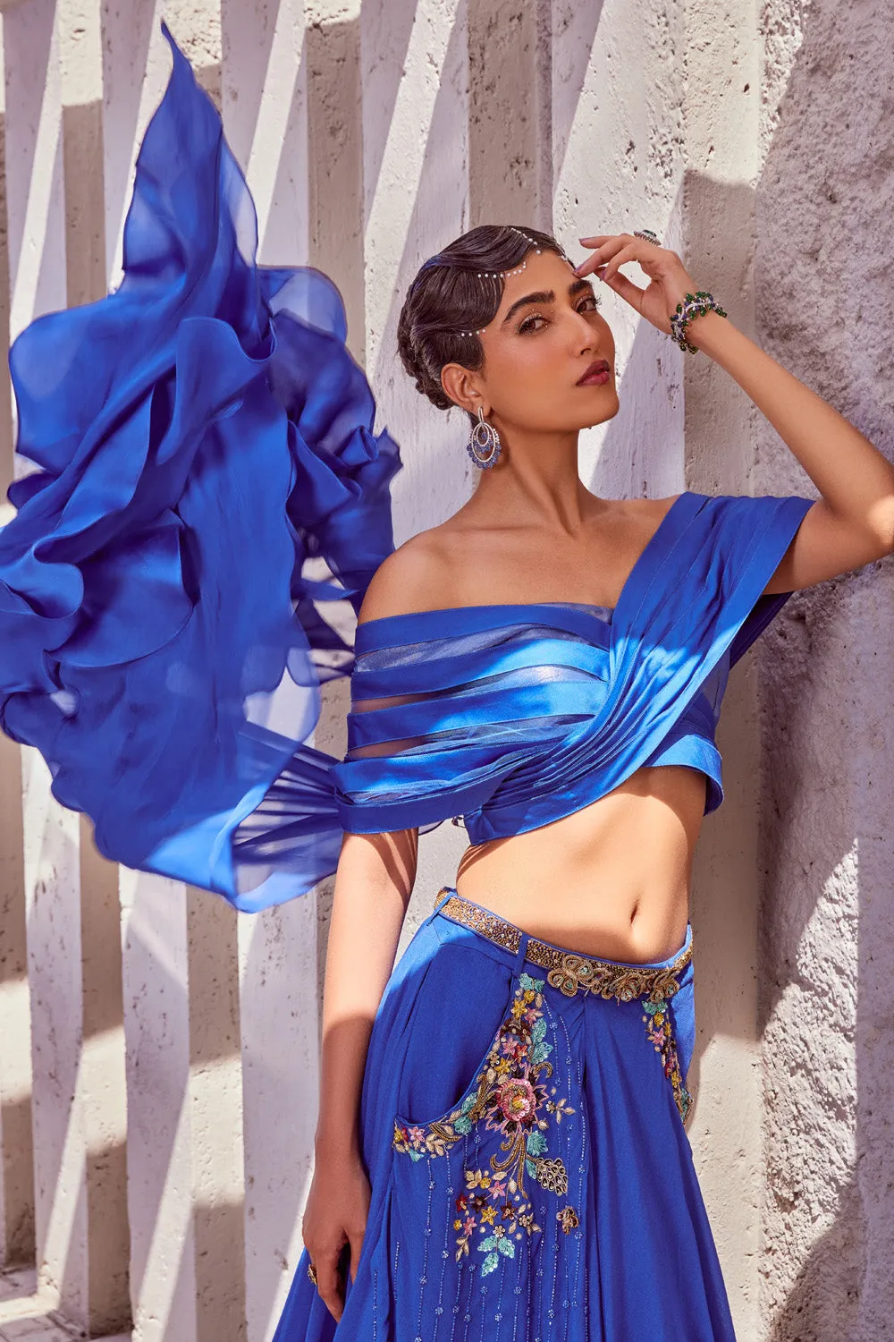 Embroidered Crop Top Lehenga with Belt