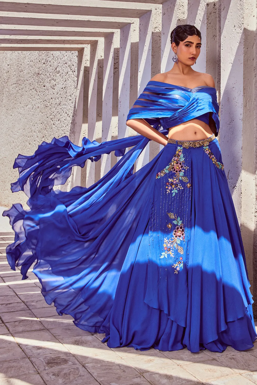 Embroidered Crop Top Lehenga with Belt