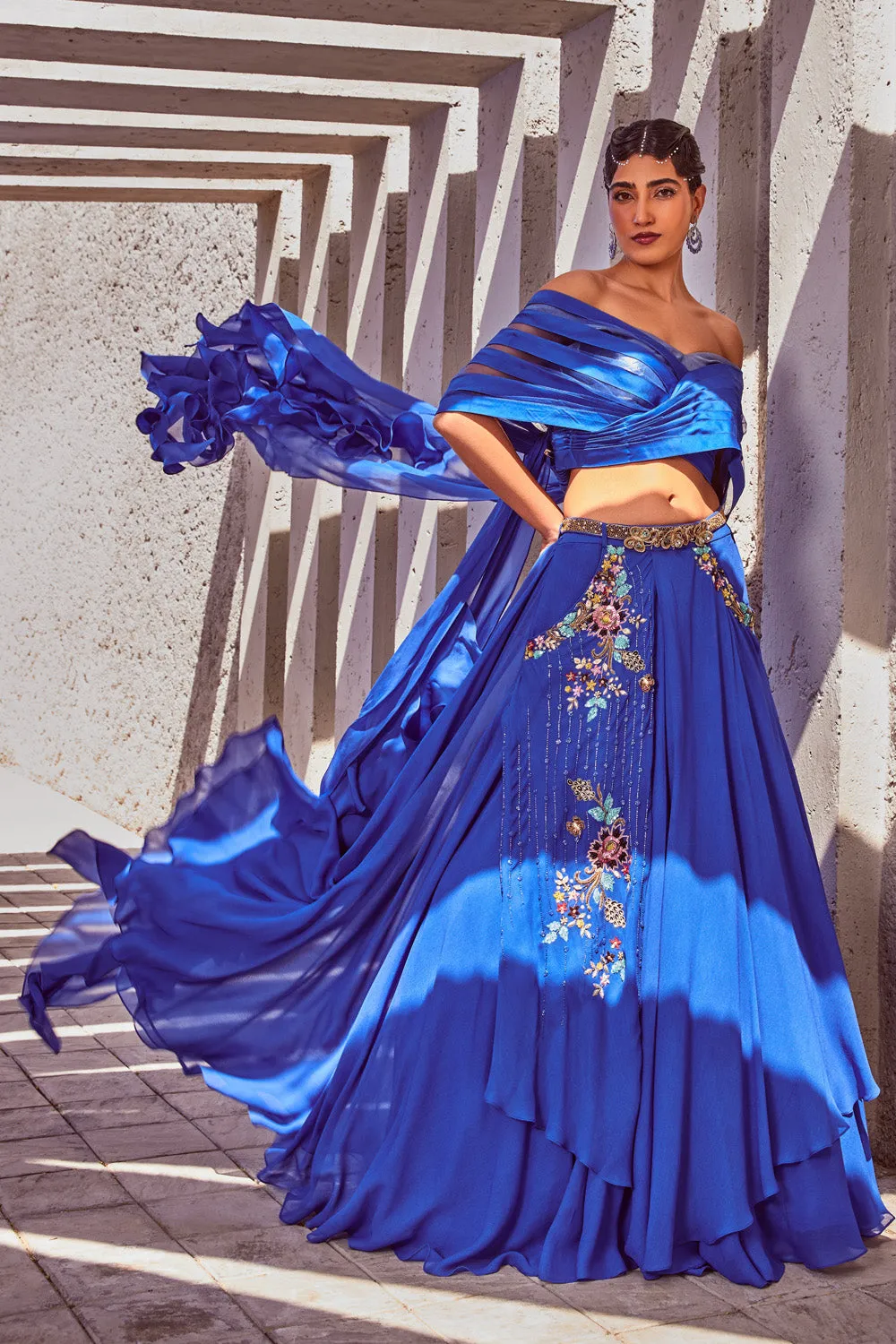 Embroidered Crop Top Lehenga with Belt
