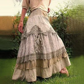 Gypsy Maxi Skirt Available In Four Different Colors Gray Blue Blush Pink Or Yellow Handmade Look Vintage Recycled Lace Doilies Style Cinderella Long Skirt Tiered Ruffles Small Medium Large XL And Plus Sizes 2X 3X 4X And 5X