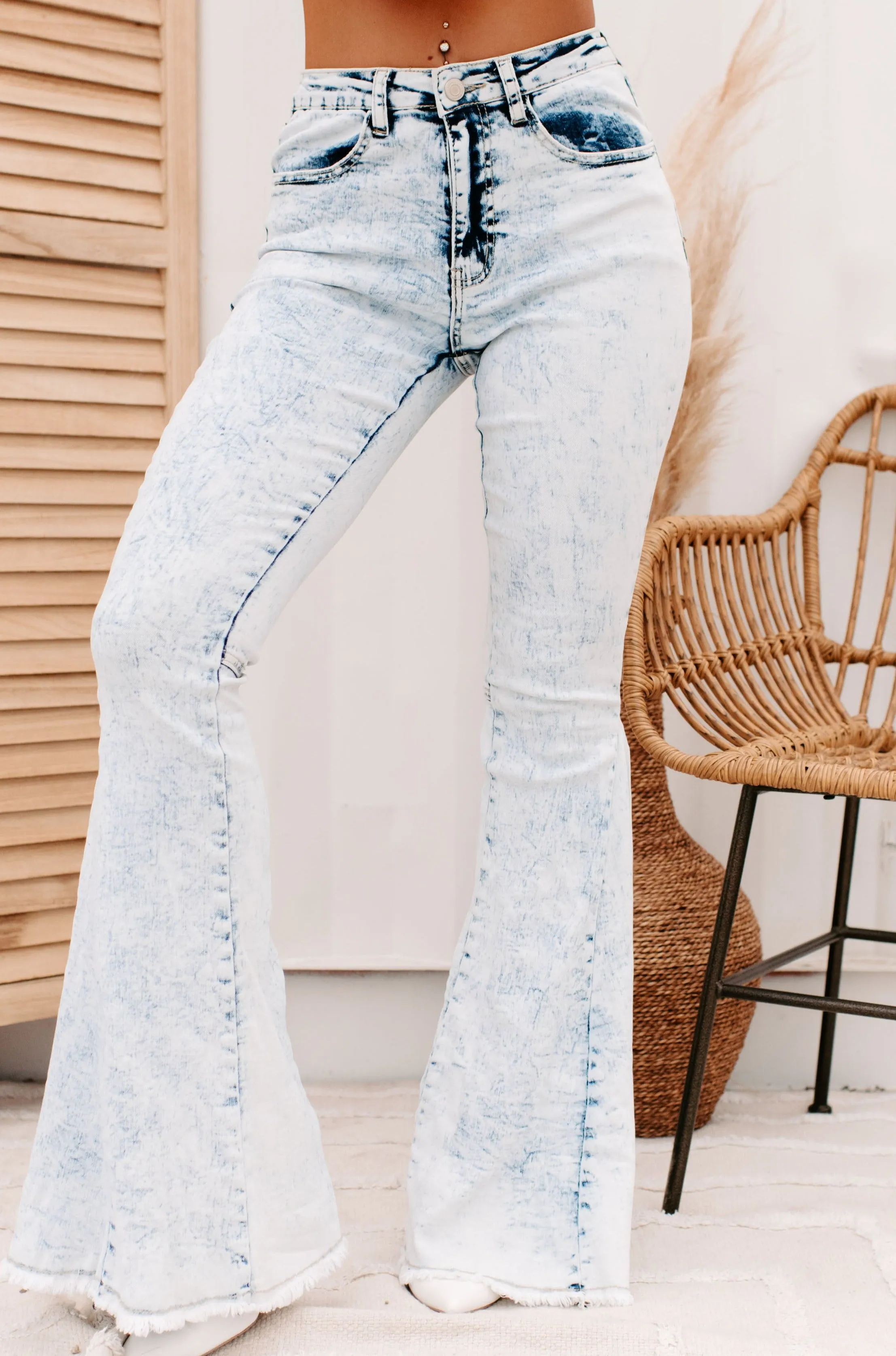 Keeping Secrets High Rise Acid Wash Flare Jeans (Light)