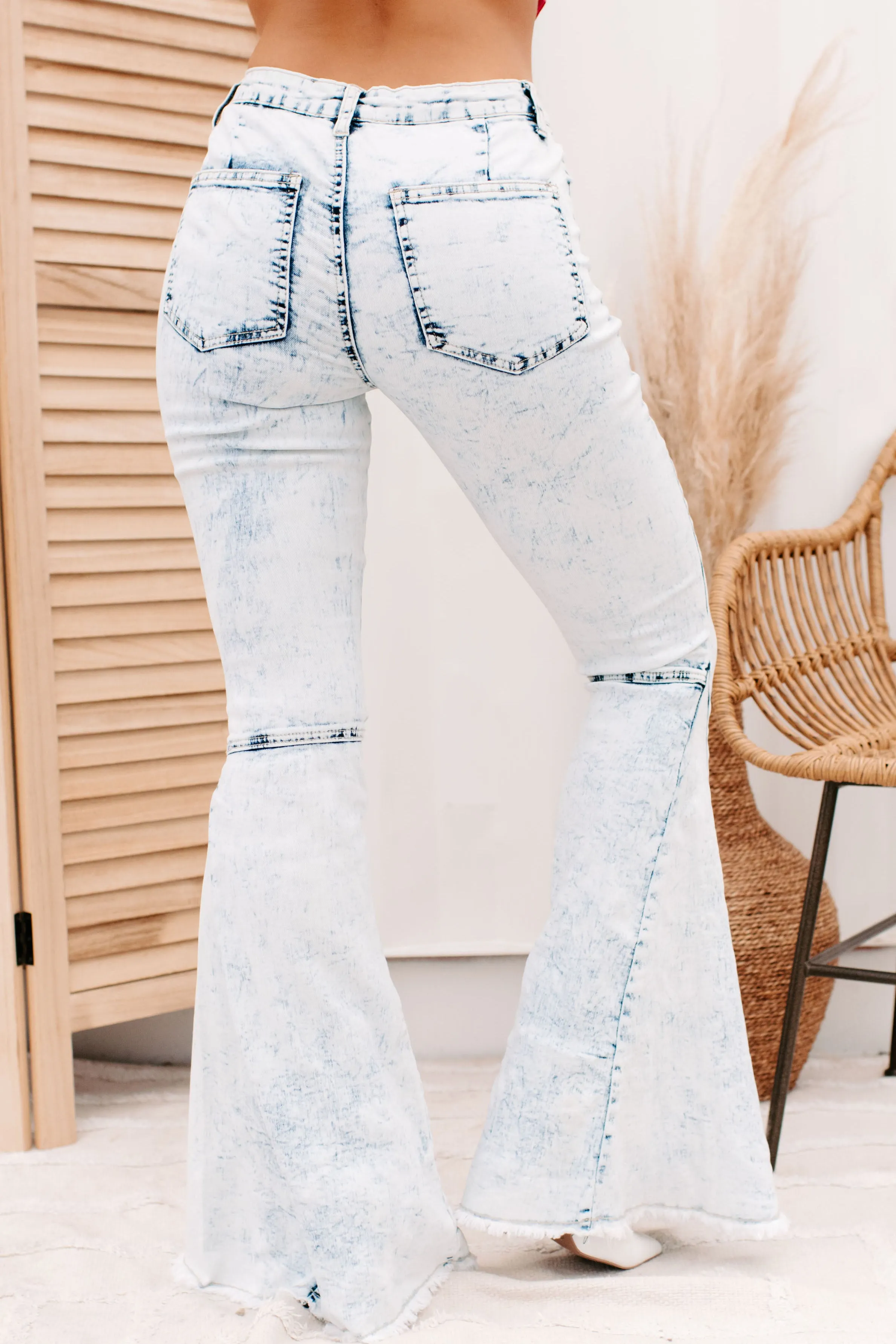 Keeping Secrets High Rise Acid Wash Flare Jeans (Light)