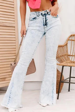 Keeping Secrets High Rise Acid Wash Flare Jeans (Light)