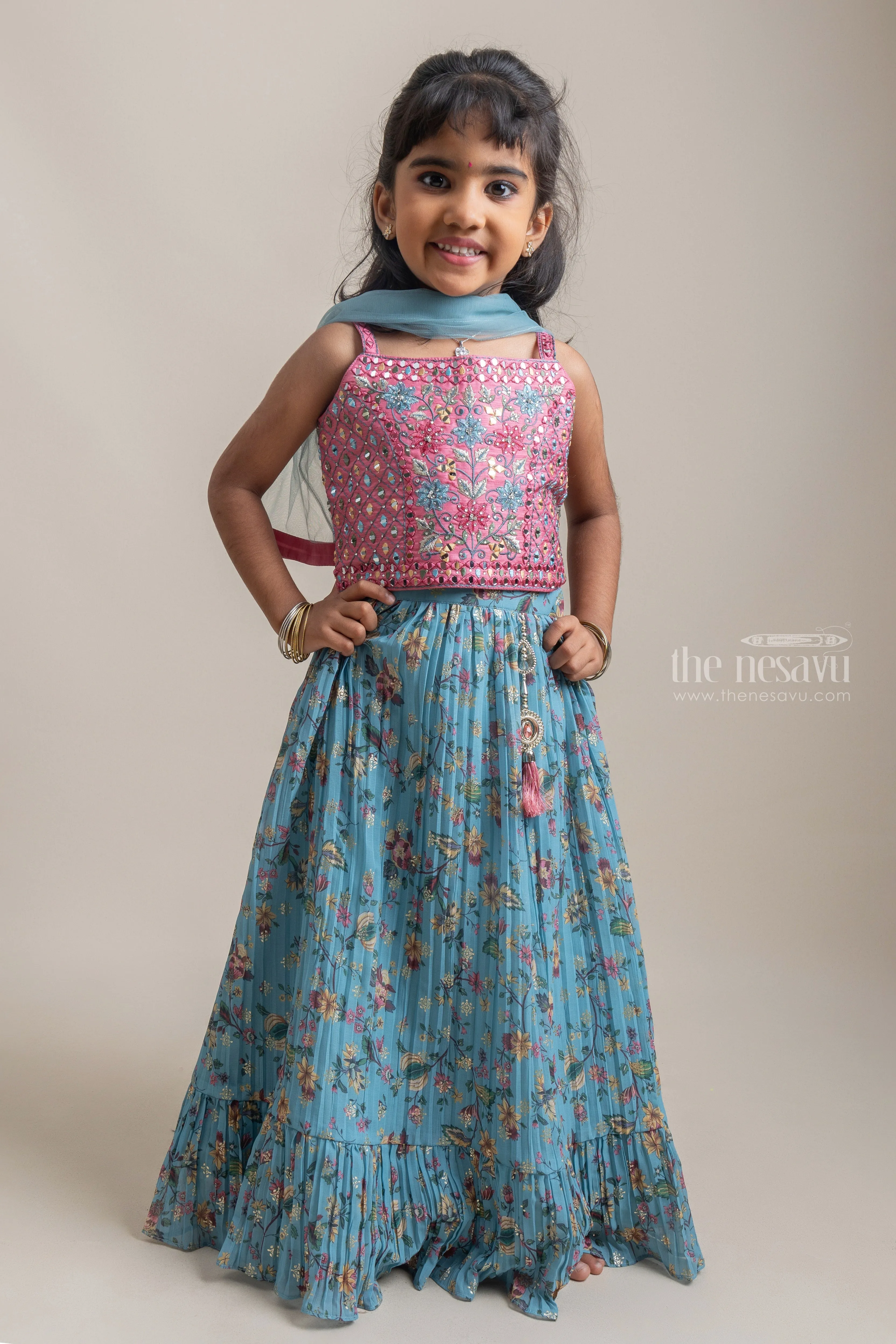 Lovely Pink Mirror Work Sleeveless Top With Floral Printed Blue Lehanga For Girls