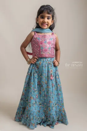 Lovely Pink Mirror Work Sleeveless Top With Floral Printed Blue Lehanga For Girls
