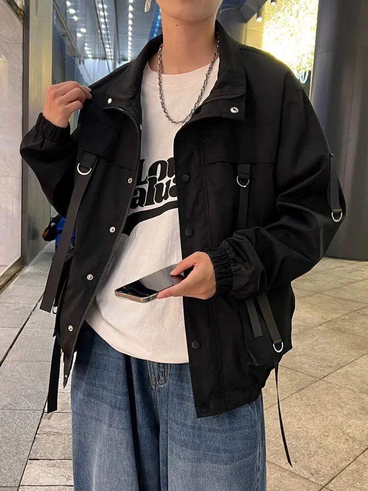 Men Y2K Koreans Fashion Trendy Jacket With Pocket Deisgn Casual Collar Long Sleeve Jacket Men Clothing