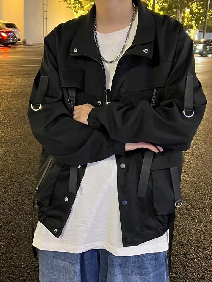 Men Y2K Koreans Fashion Trendy Jacket With Pocket Deisgn Casual Collar Long Sleeve Jacket Men Clothing