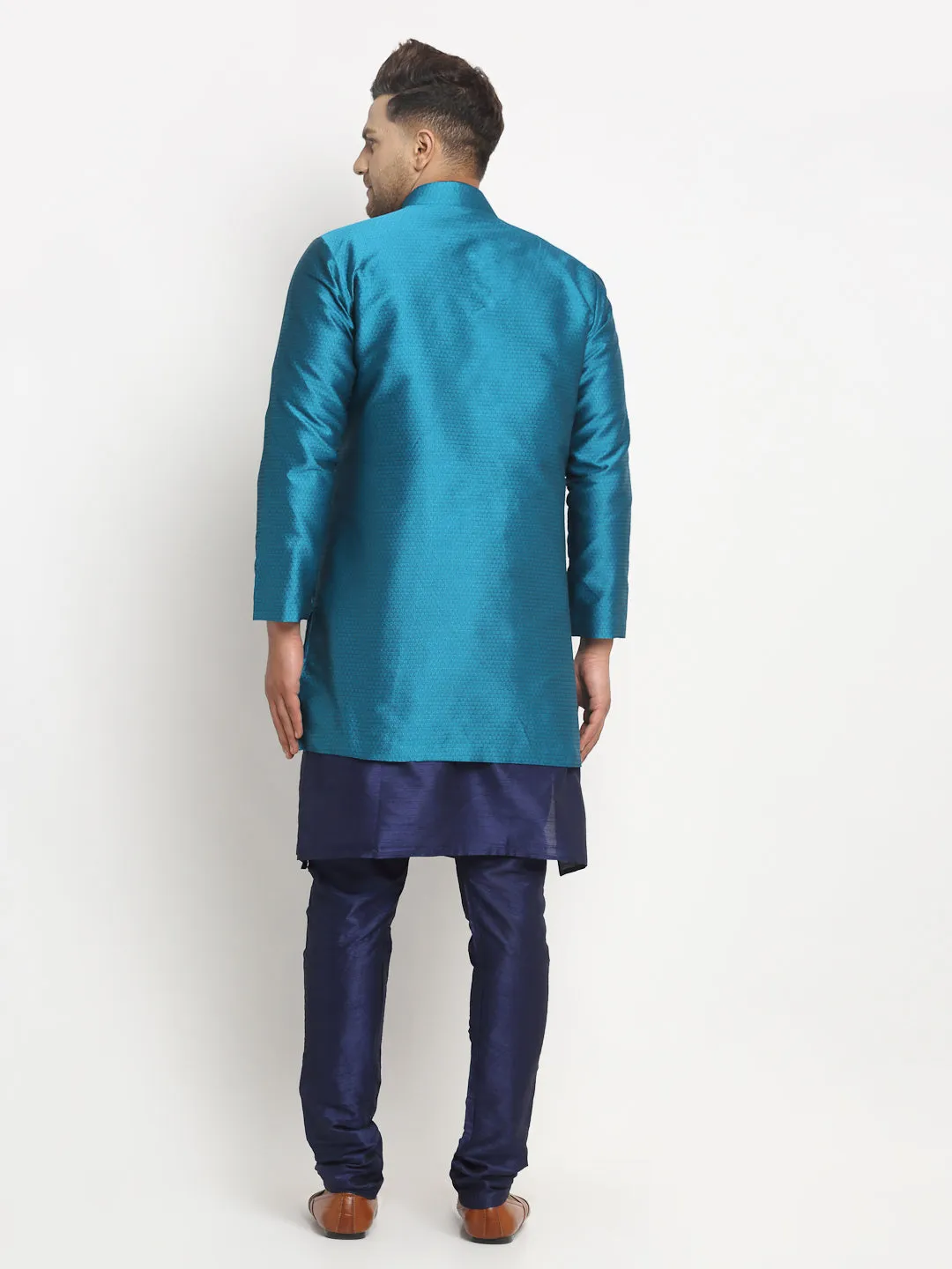 Men's Navy Blue Kurta With Pyjama & Peacock Blue Self Design Jacket - Benstoke