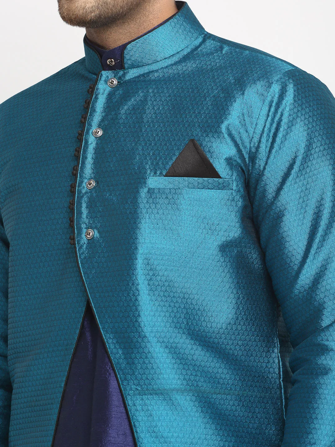 Men's Navy Blue Kurta With Pyjama & Peacock Blue Self Design Jacket - Benstoke