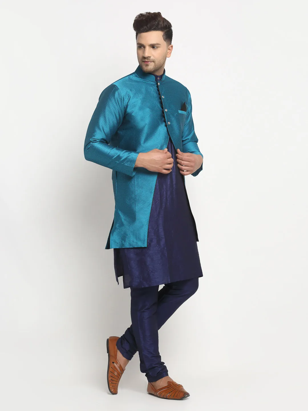 Men's Navy Blue Kurta With Pyjama & Peacock Blue Self Design Jacket - Benstoke