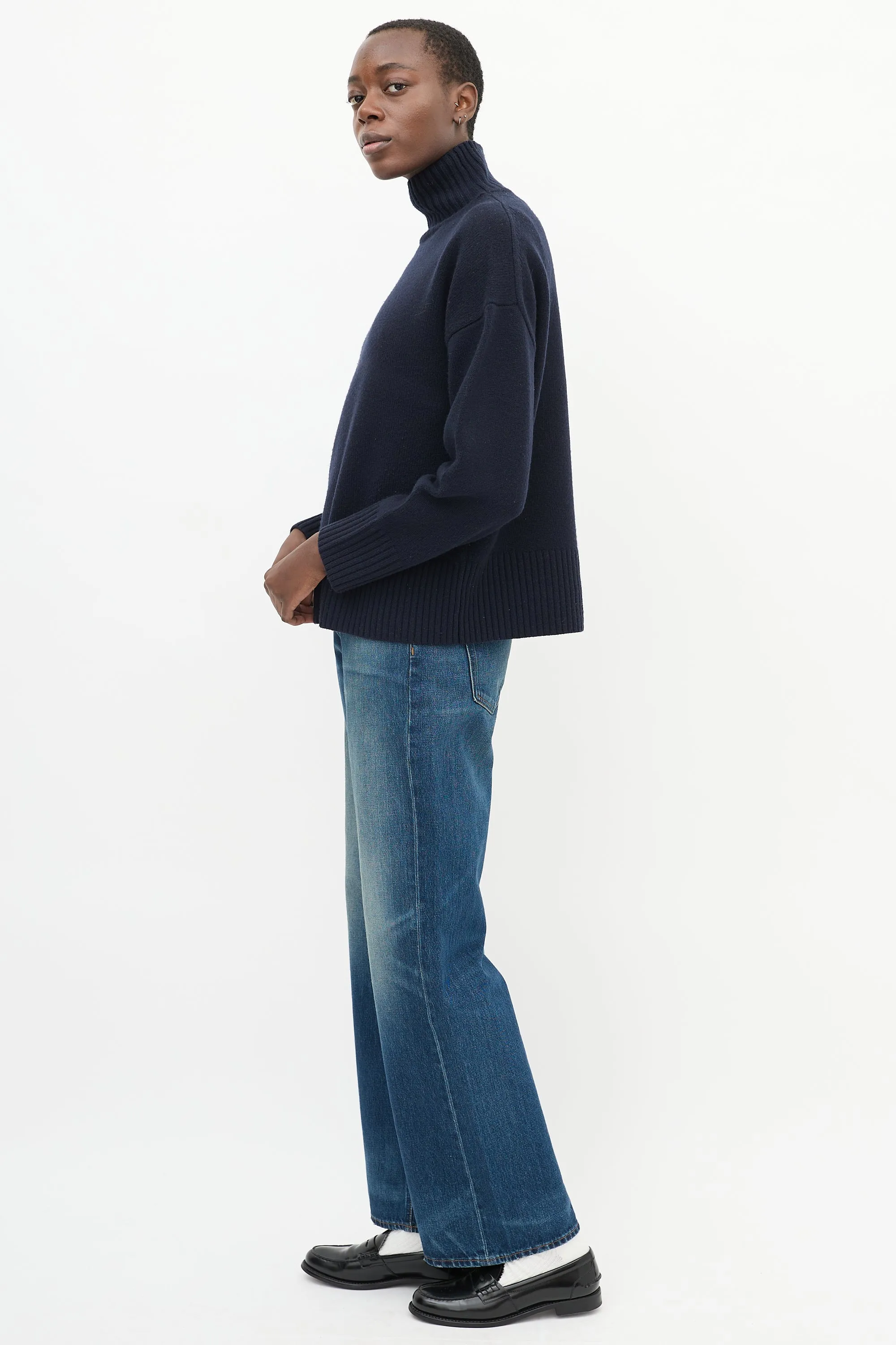 Navy Cashmere Knit Oversized High Neck Sweater