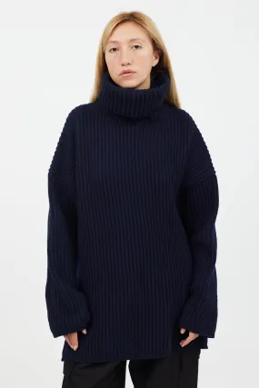 Navy Rib Knit Turtleneck Sweater