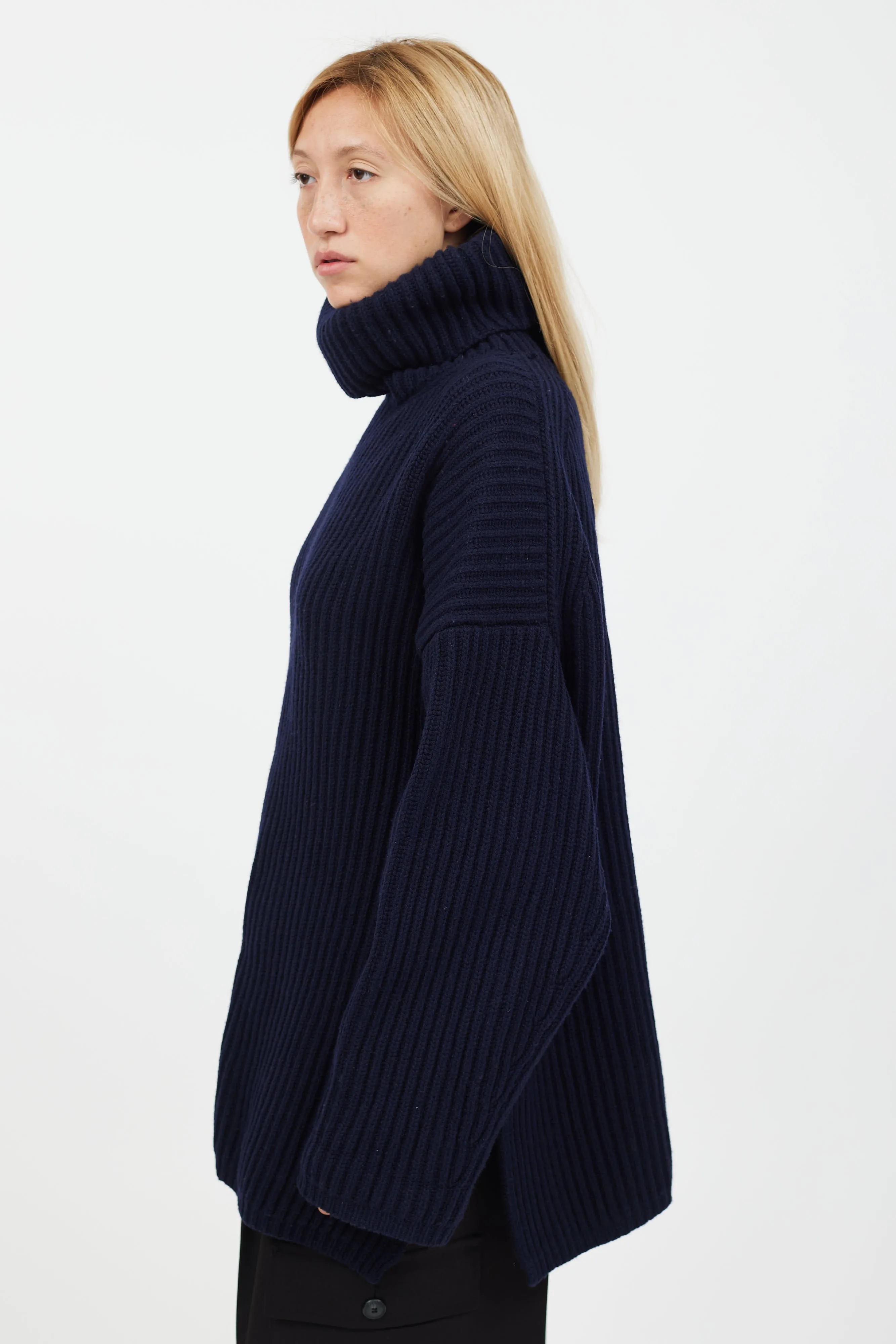 Navy Rib Knit Turtleneck Sweater