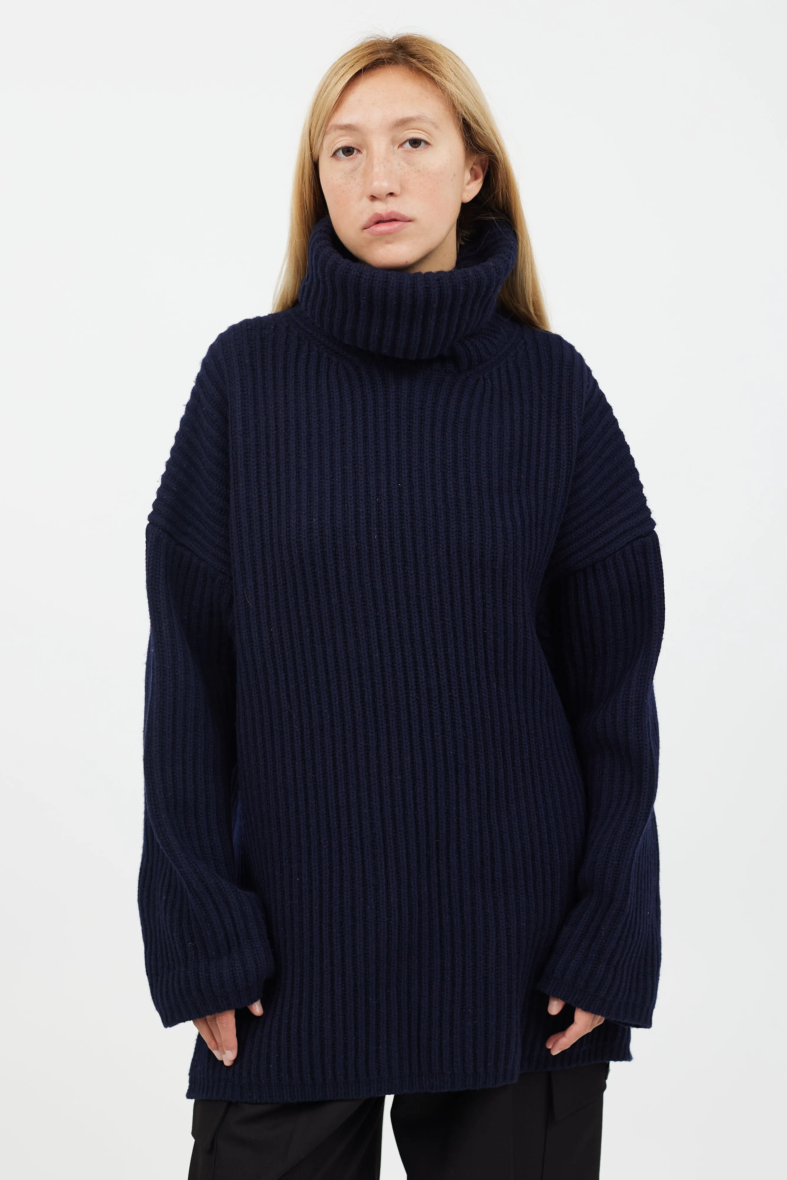Navy Rib Knit Turtleneck Sweater