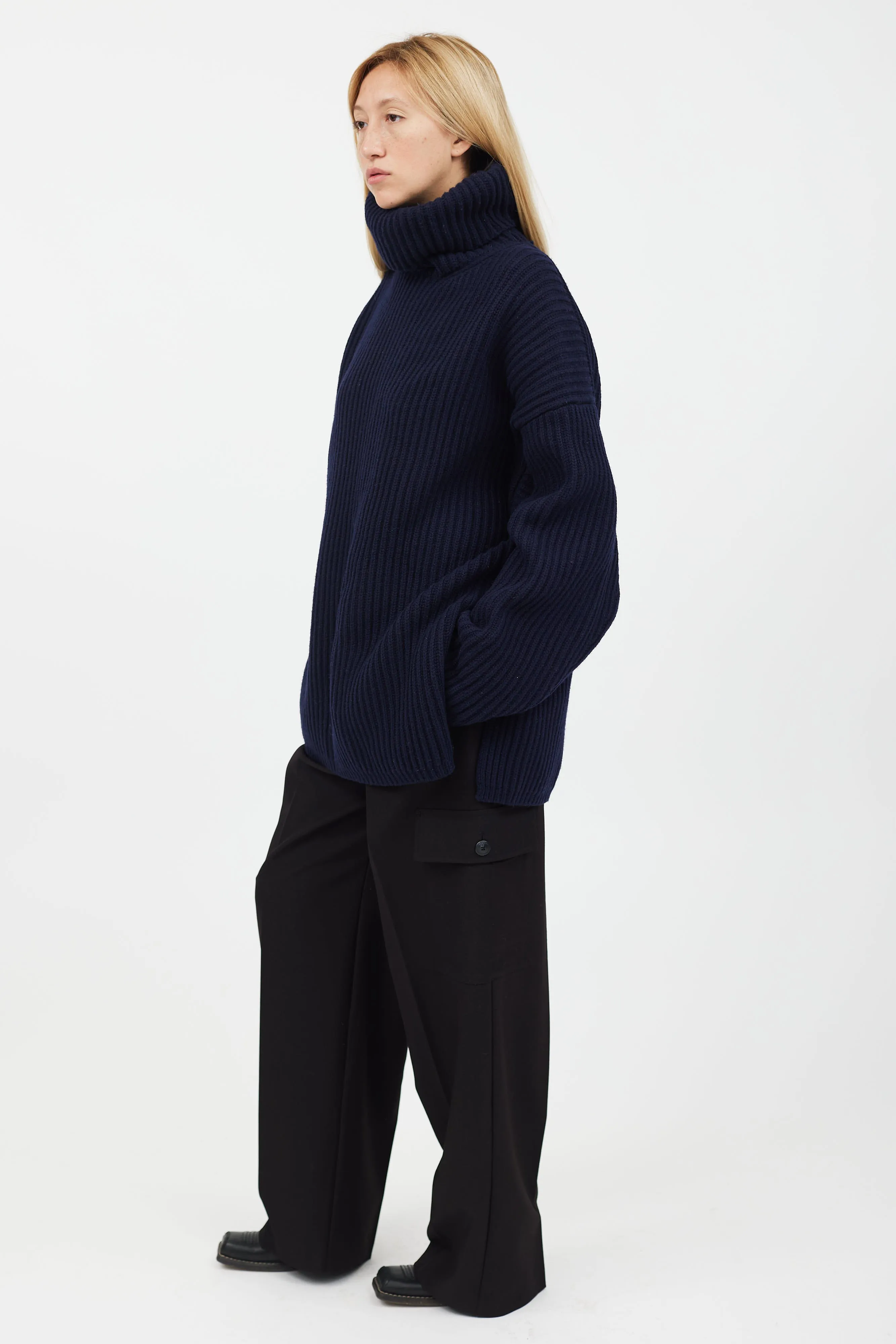 Navy Rib Knit Turtleneck Sweater