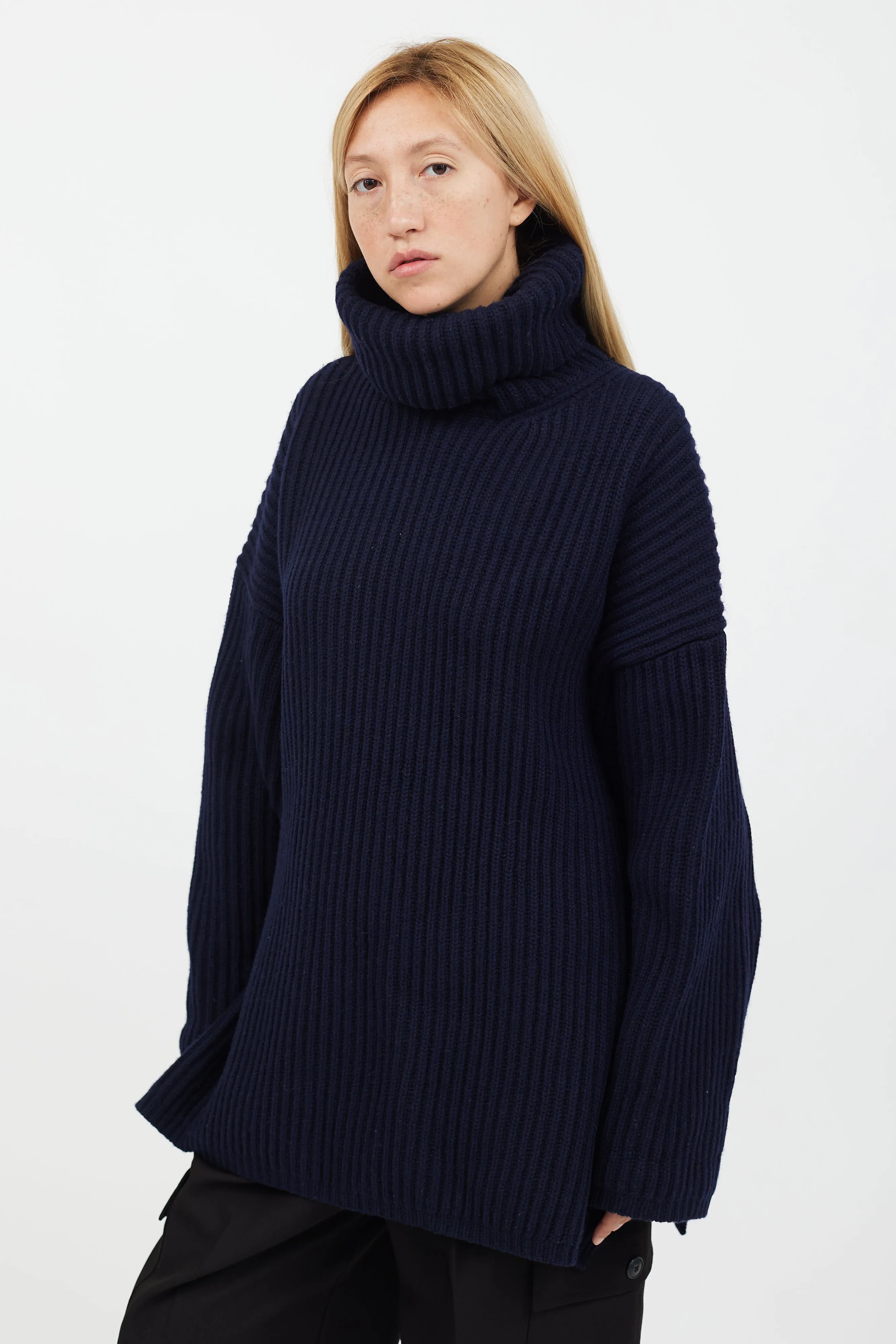 Navy Rib Knit Turtleneck Sweater