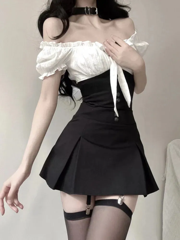 Noir Reverie Y2K Elysium Ensemble -  Black Bodycon Dress  Min Dress Korean Fashion Chic Y2k Crop Top harness choker, Victorian-inspired blouse, modern gothic ensemble