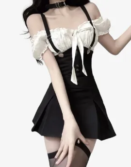 Noir Reverie Y2K Elysium Ensemble -  Black Bodycon Dress  Min Dress Korean Fashion Chic Y2k Crop Top harness choker, Victorian-inspired blouse, modern gothic ensemble
