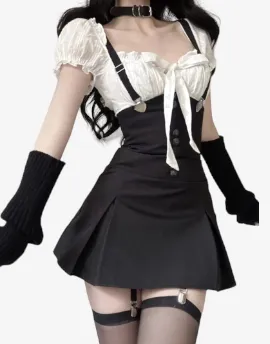 Noir Reverie Y2K Elysium Ensemble -  Black Bodycon Dress  Min Dress Korean Fashion Chic Y2k Crop Top harness choker, Victorian-inspired blouse, modern gothic ensemble