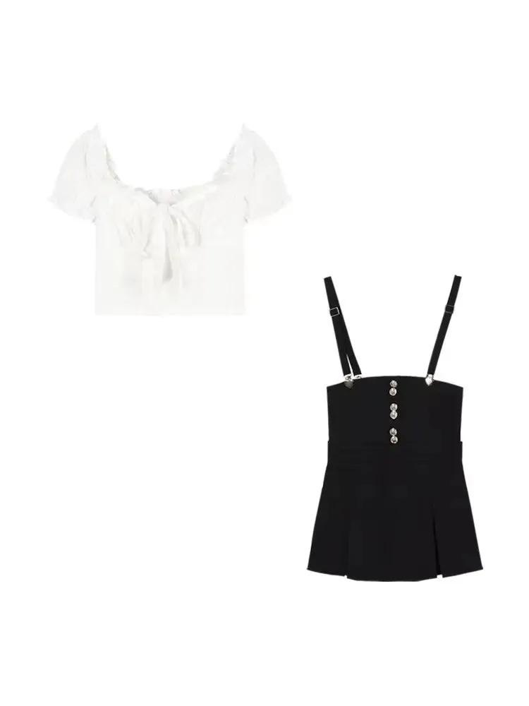 Noir Reverie Y2K Elysium Ensemble -  Black Bodycon Dress  Min Dress Korean Fashion Chic Y2k Crop Top harness choker, Victorian-inspired blouse, modern gothic ensemble