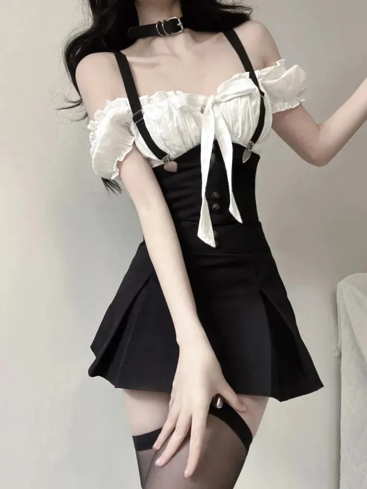 Noir Reverie Y2K Elysium Ensemble -  Black Bodycon Dress  Min Dress Korean Fashion Chic Y2k Crop Top harness choker, Victorian-inspired blouse, modern gothic ensemble