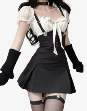 Noir Reverie Y2K Elysium Ensemble -  Black Bodycon Dress  Min Dress Korean Fashion Chic Y2k Crop Top harness choker, Victorian-inspired blouse, modern gothic ensemble