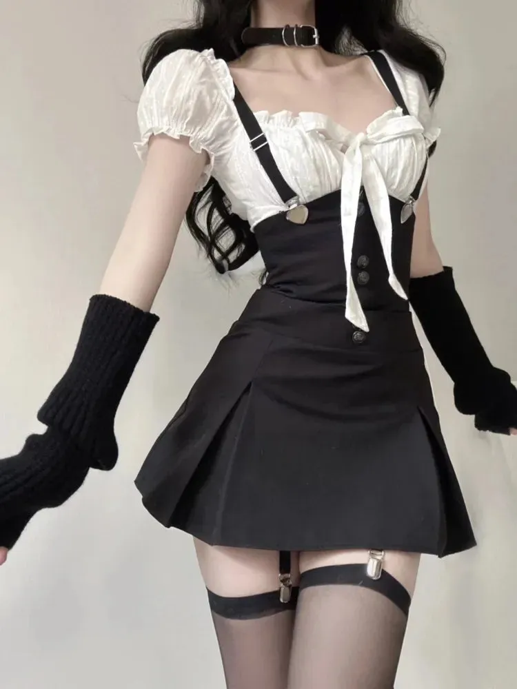 Noir Reverie Y2K Elysium Ensemble -  Black Bodycon Dress  Min Dress Korean Fashion Chic Y2k Crop Top harness choker, Victorian-inspired blouse, modern gothic ensemble