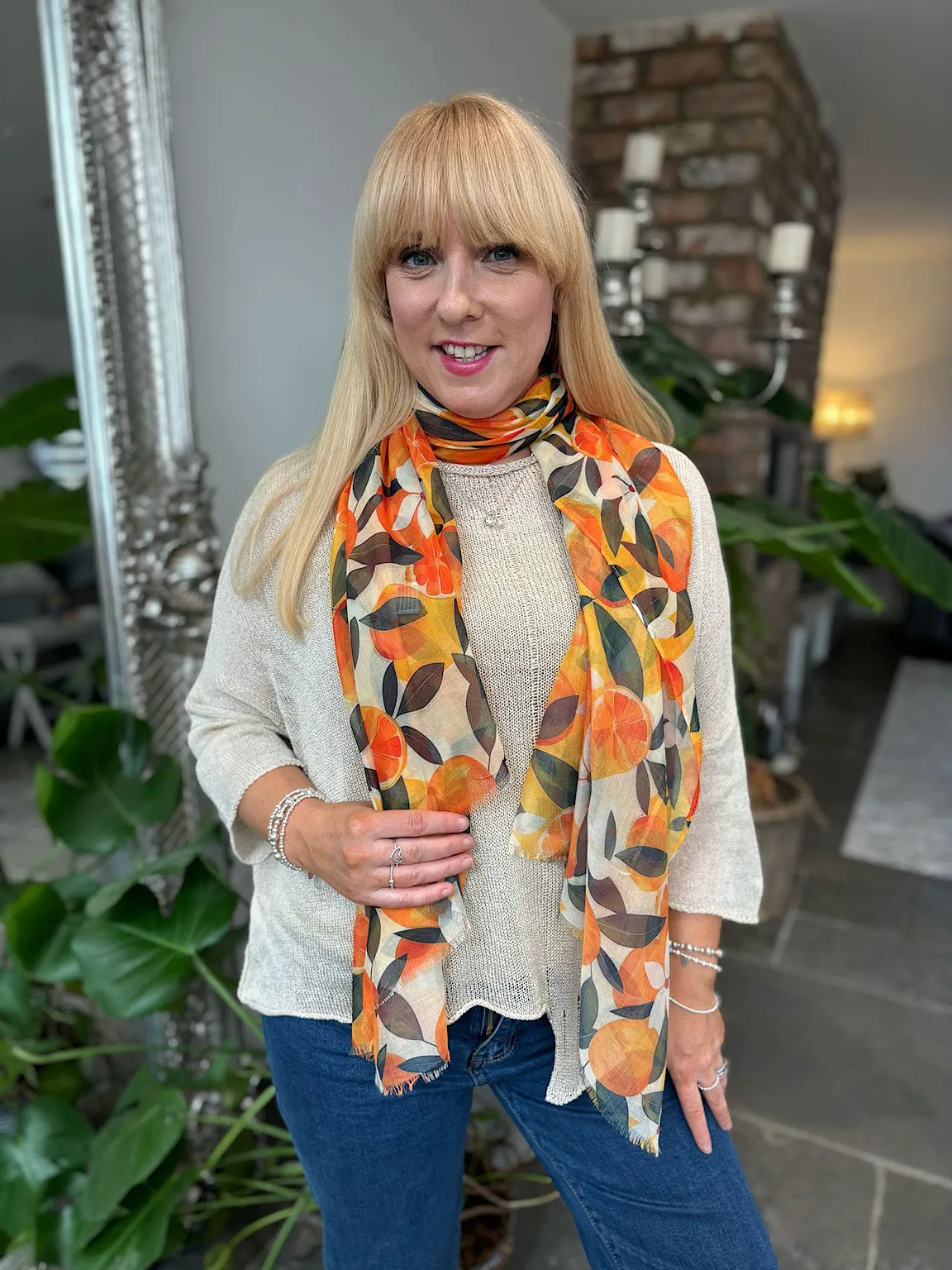 Orange Flower Raw Edge Scarf