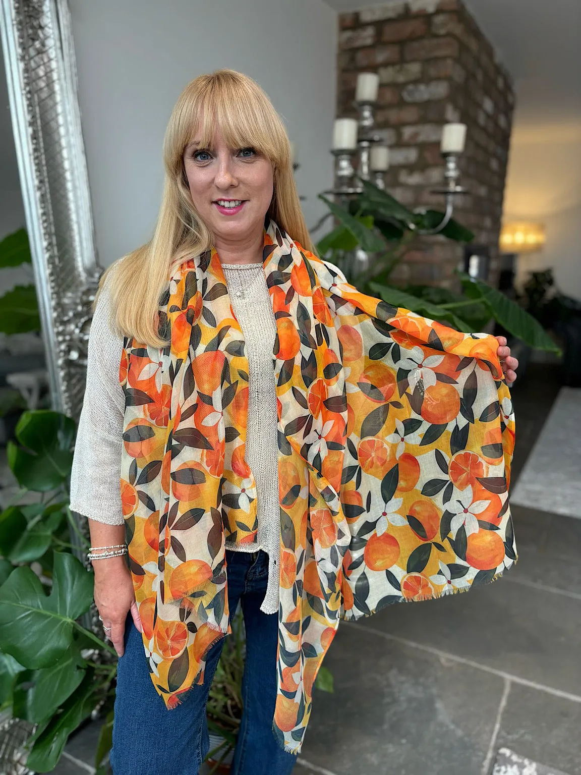 Orange Flower Raw Edge Scarf