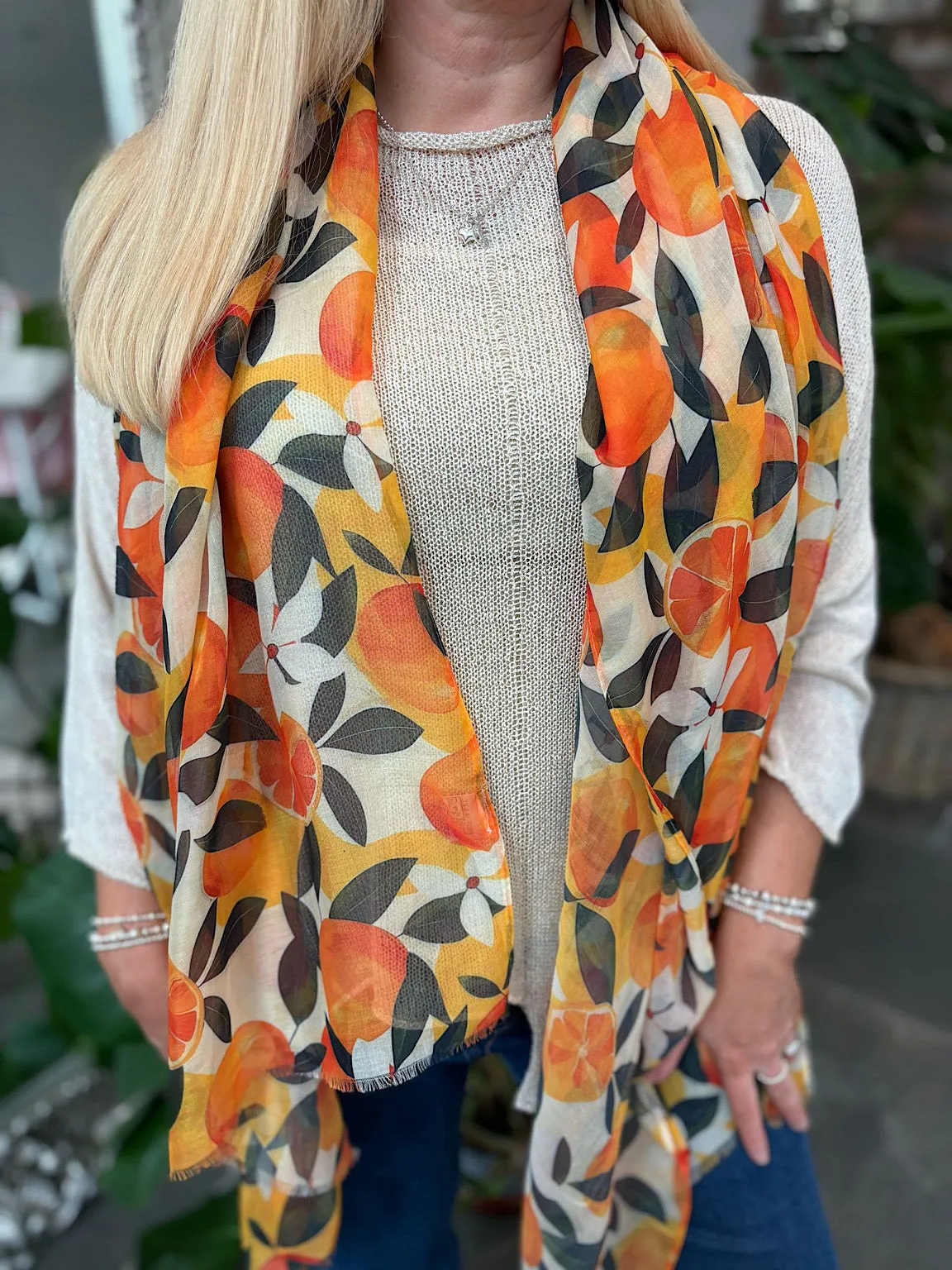 Orange Flower Raw Edge Scarf