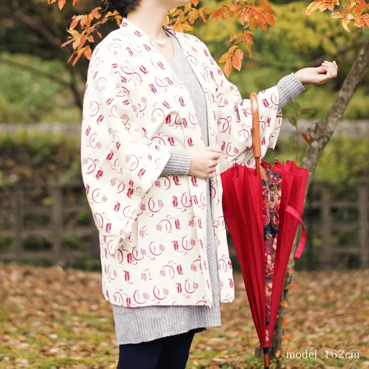 Red modern pattern on white haori