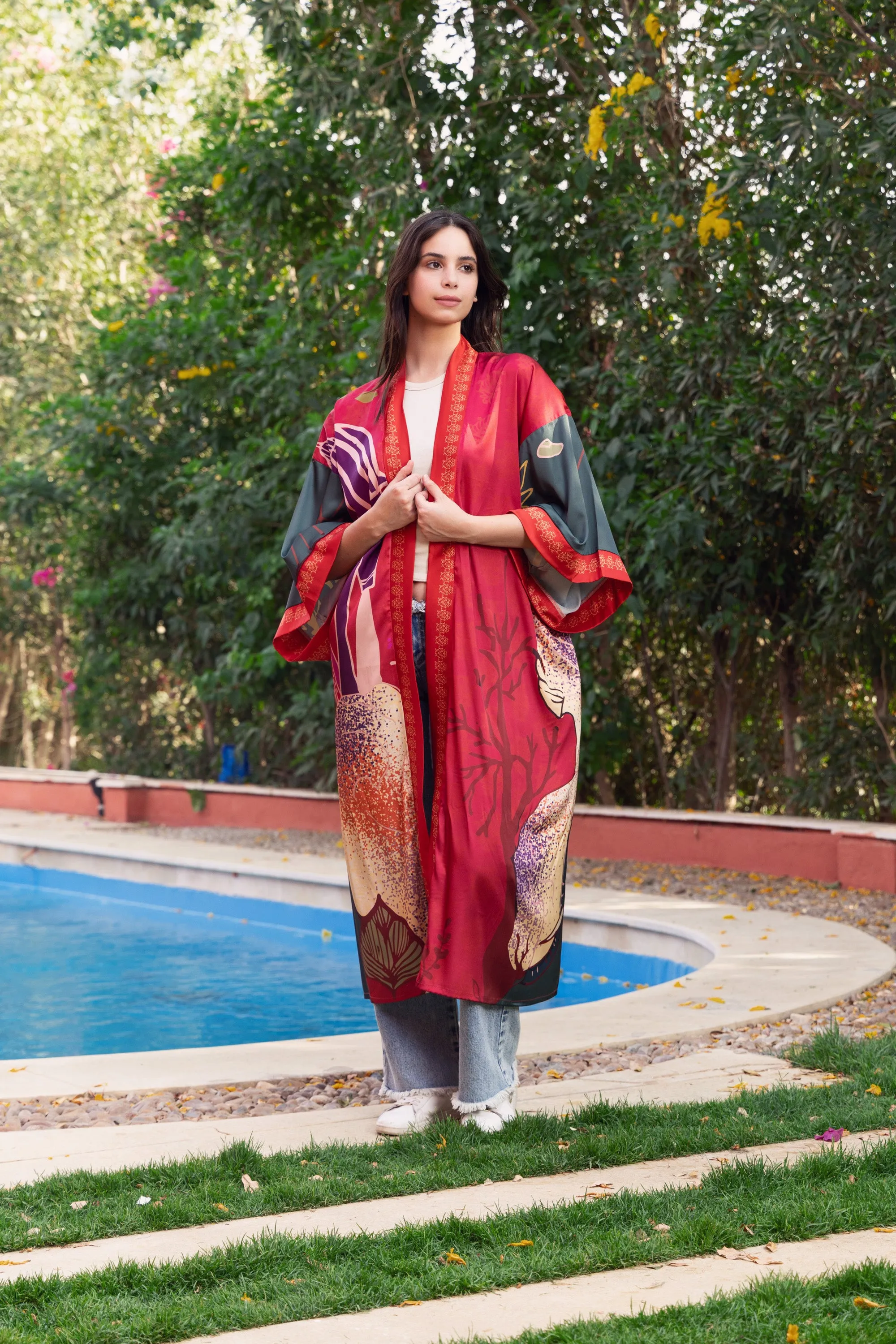 Satin Burgundy Blossom Kimono