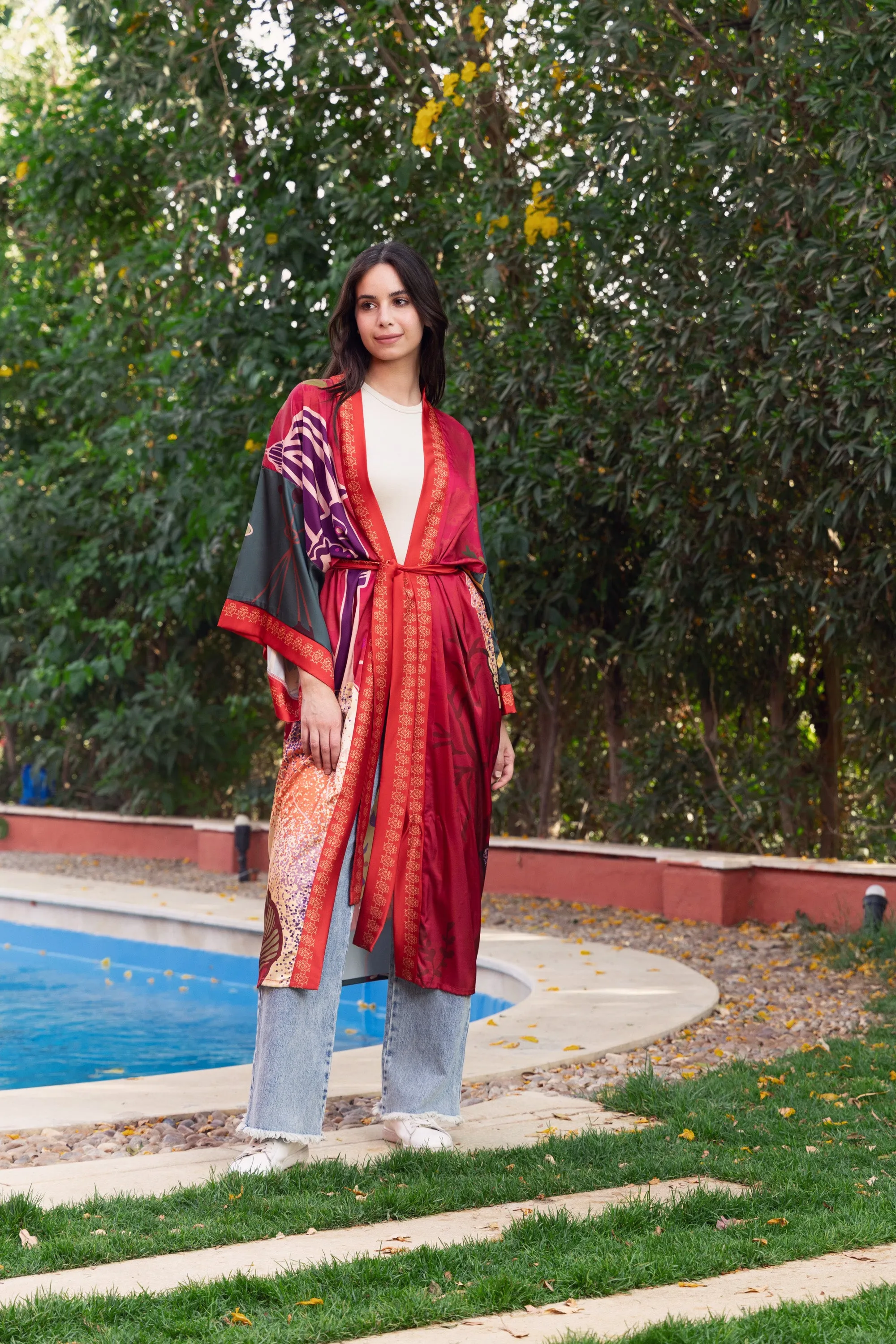 Satin Burgundy Blossom Kimono
